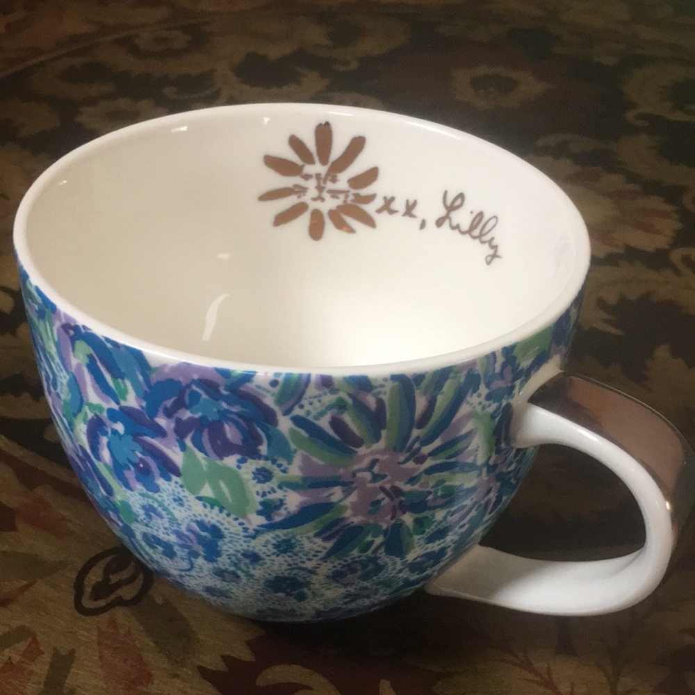 Lily Pulitzer Floral Hidden Cat Ceramic Mug Gold Handle
